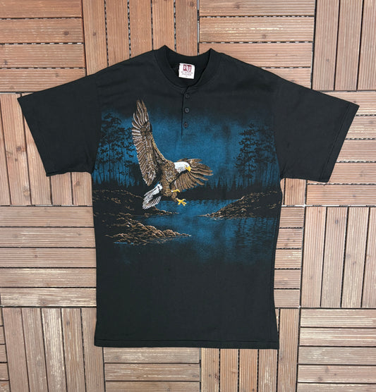 Soaring Bald Eagle Graphic Tee | Size X-Large | Vintage 1990s Animal Black Henley T-Shirt |