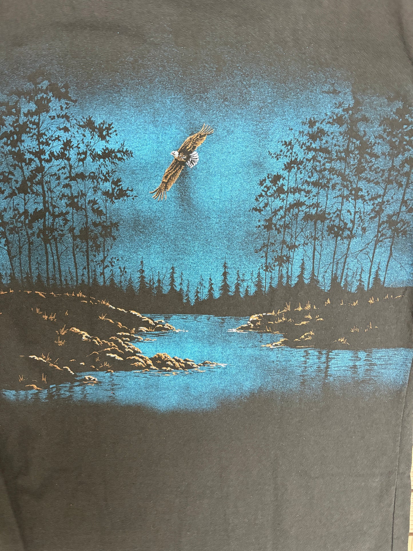 Soaring Bald Eagle Graphic Tee | Size X-Large | Vintage 1990s Animal Black Henley T-Shirt |