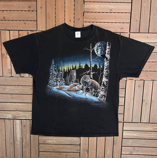 Wolves In The Forest Graphic Tee | Size X-Large | Vintage 1990s Animal Black T-Shirt |