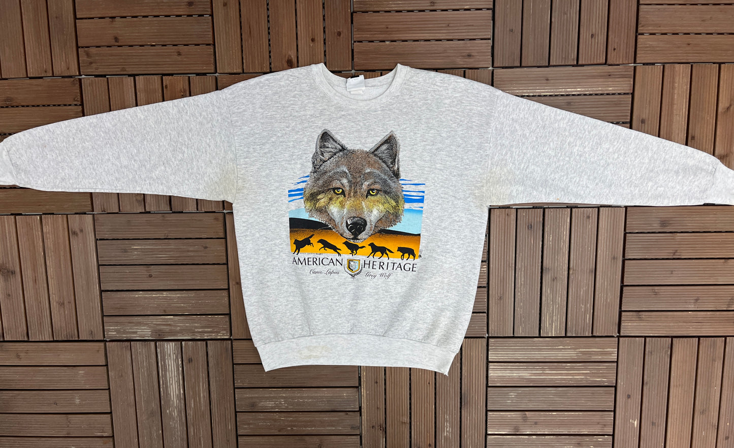 American Heritage Grey Wolf Graphic Sweater | Size X-Large | Vintage 1990s Animal Grey Sweater |