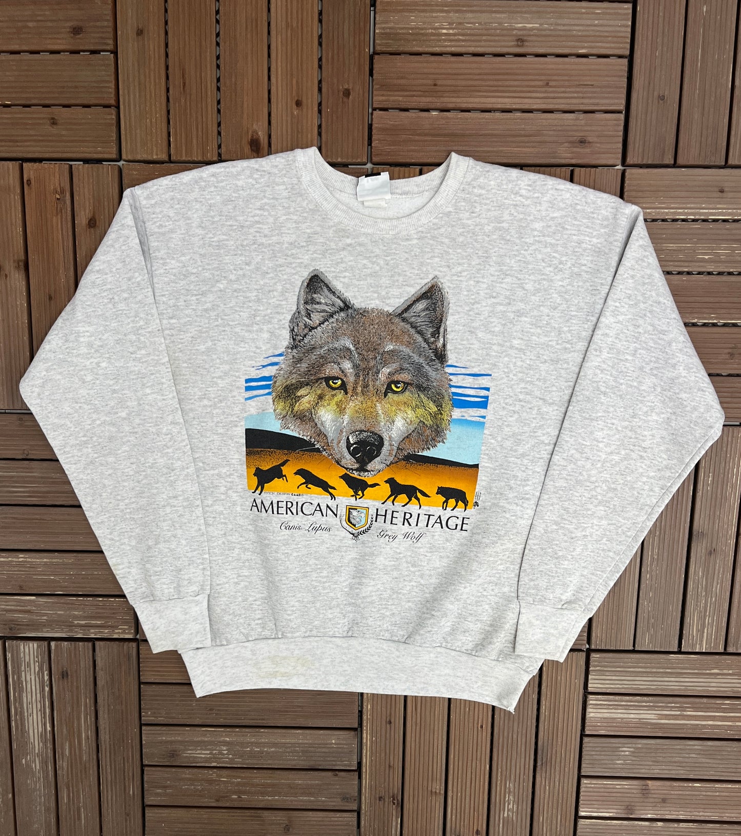 American Heritage Grey Wolf Graphic Sweater | Size X-Large | Vintage 1990s Animal Grey Sweater |