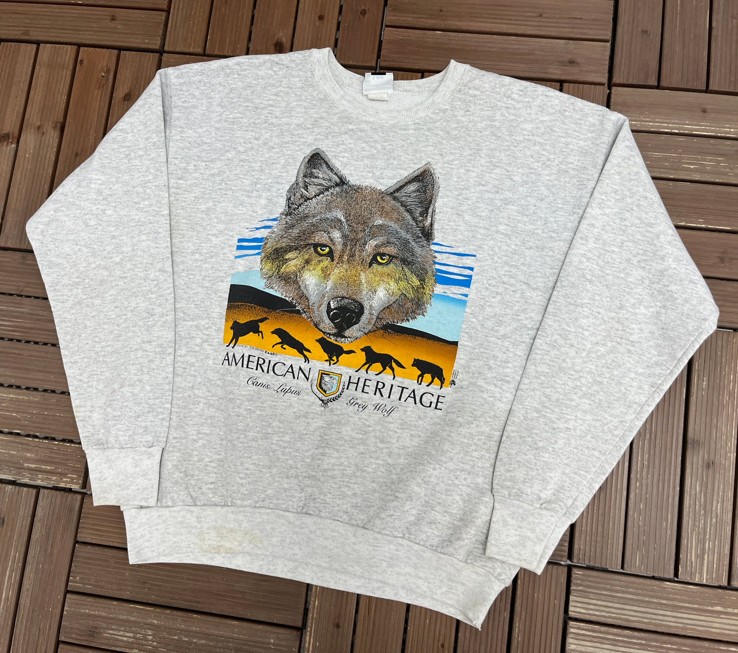 American Heritage Grey Wolf Graphic Sweater | Size X-Large | Vintage 1990s Animal Grey Sweater |