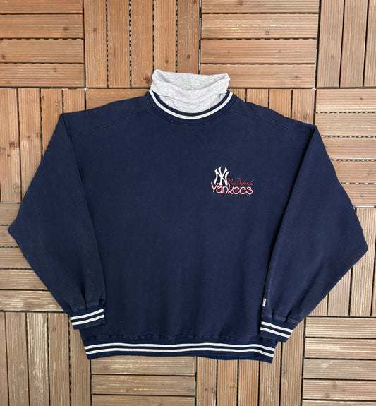 New York Yankees Embroidered Graphic Turtleneck | Size XX-Large | Vintage 1990s MLB Baseball Blue Sweater |