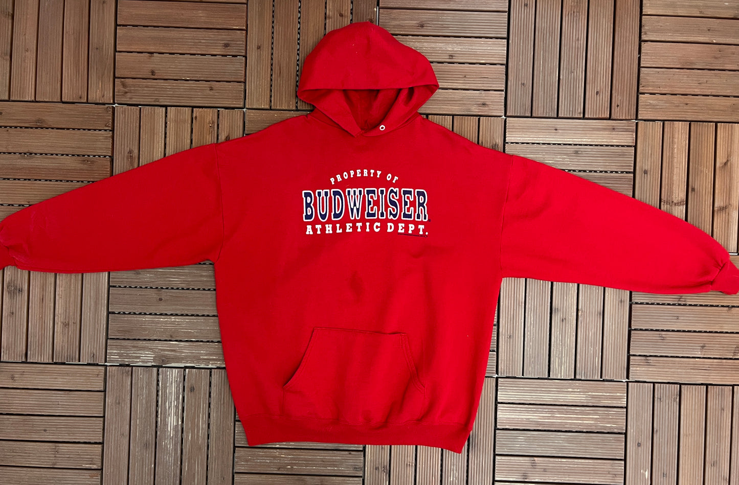 Property of Budweiser Athletic Dept Graphic Hoodie | Size XX-Large | Vintage 2000s Alcohol Promotional Red Sweater |