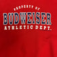 Property of Budweiser Athletic Dept Graphic Hoodie | Size XX-Large | Vintage 2000s Alcohol Promotional Red Sweater |