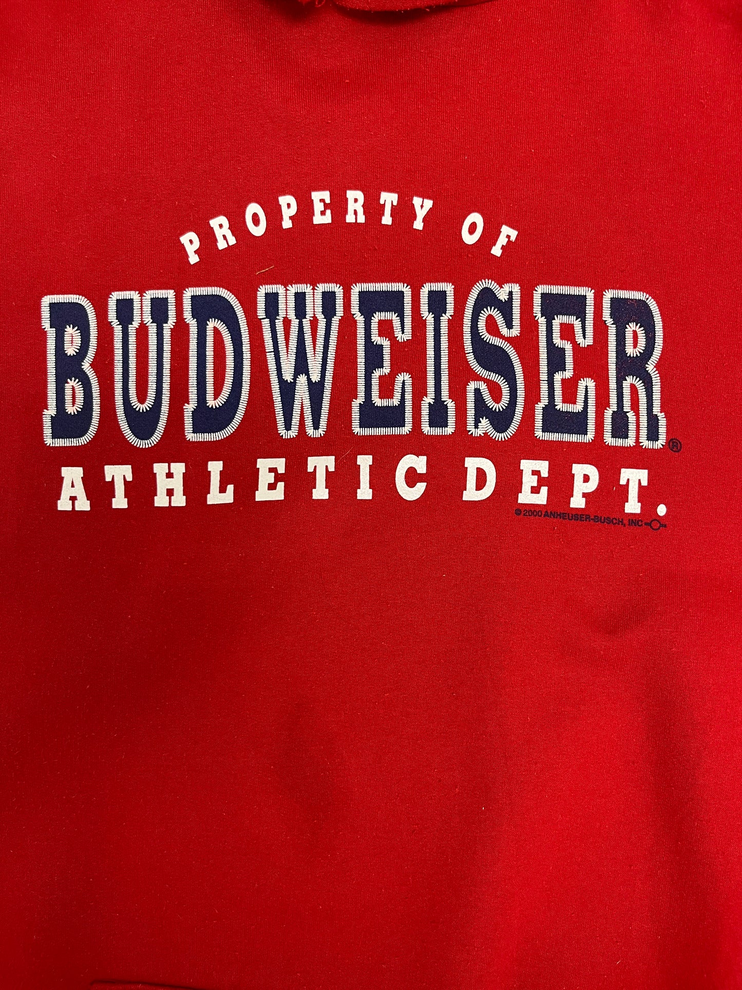 Property of Budweiser Athletic Dept Graphic Hoodie | Size XX-Large | Vintage 2000s Alcohol Promotional Red Sweater |