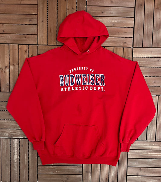 Property of Budweiser Athletic Dept Graphic Hoodie | Size XX-Large | Vintage 2000s Alcohol Promotional Red Sweater |