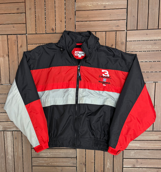 Dale Earnhardt Graphic Puffer Jacket | Size X-Large | Vintage 1990s NASCAR Racing Black Coat |