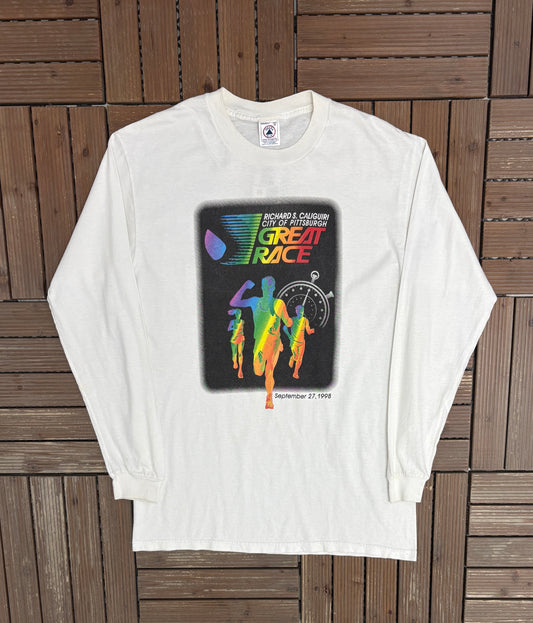 City Of Pittsburgh Great Race Graphic Tee | Size Medium | Vintage 1990s Marathon Long Sleeve T-Shirt |