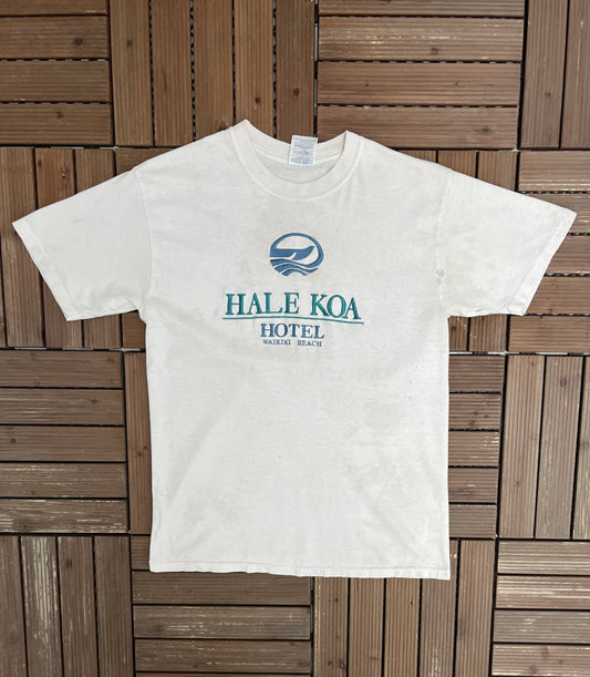 Hale Koa Hotel Waikiki Beach Graphic Tee | Size Medium | Vintage 2000s Tourist White T-Shirt |