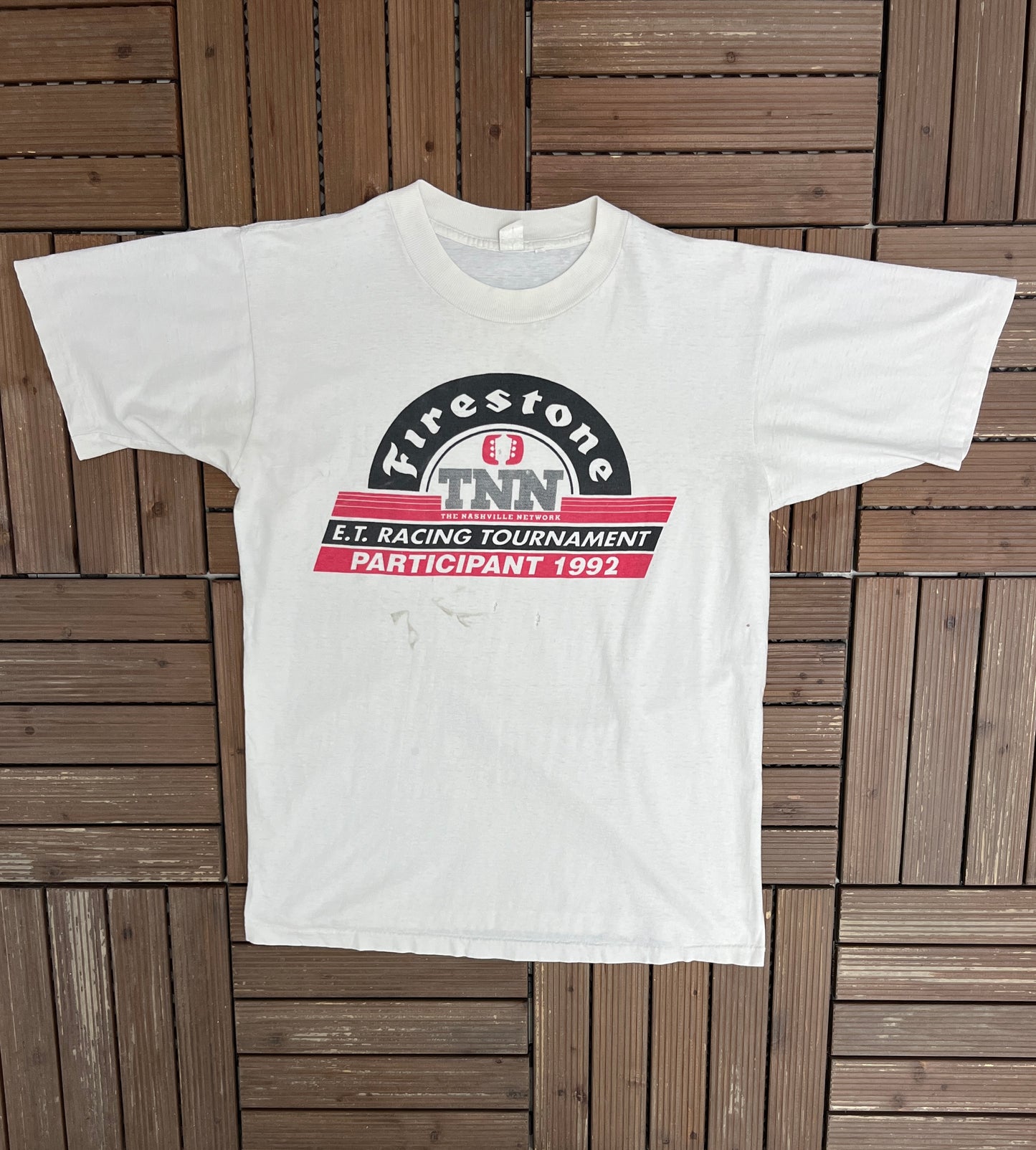 Firestone E.T. Racing Tournament Graphic Tee | Size Large | Vintage 1990s Drag Racing White T-Shirt |