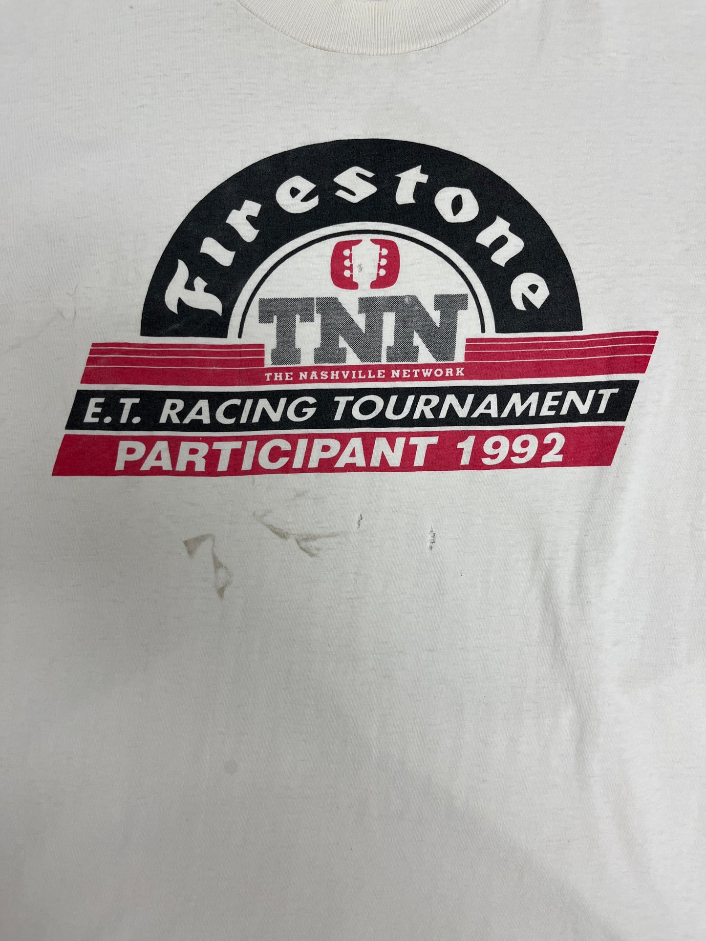 Firestone E.T. Racing Tournament Graphic Tee | Size Large | Vintage 1990s Drag Racing White T-Shirt |