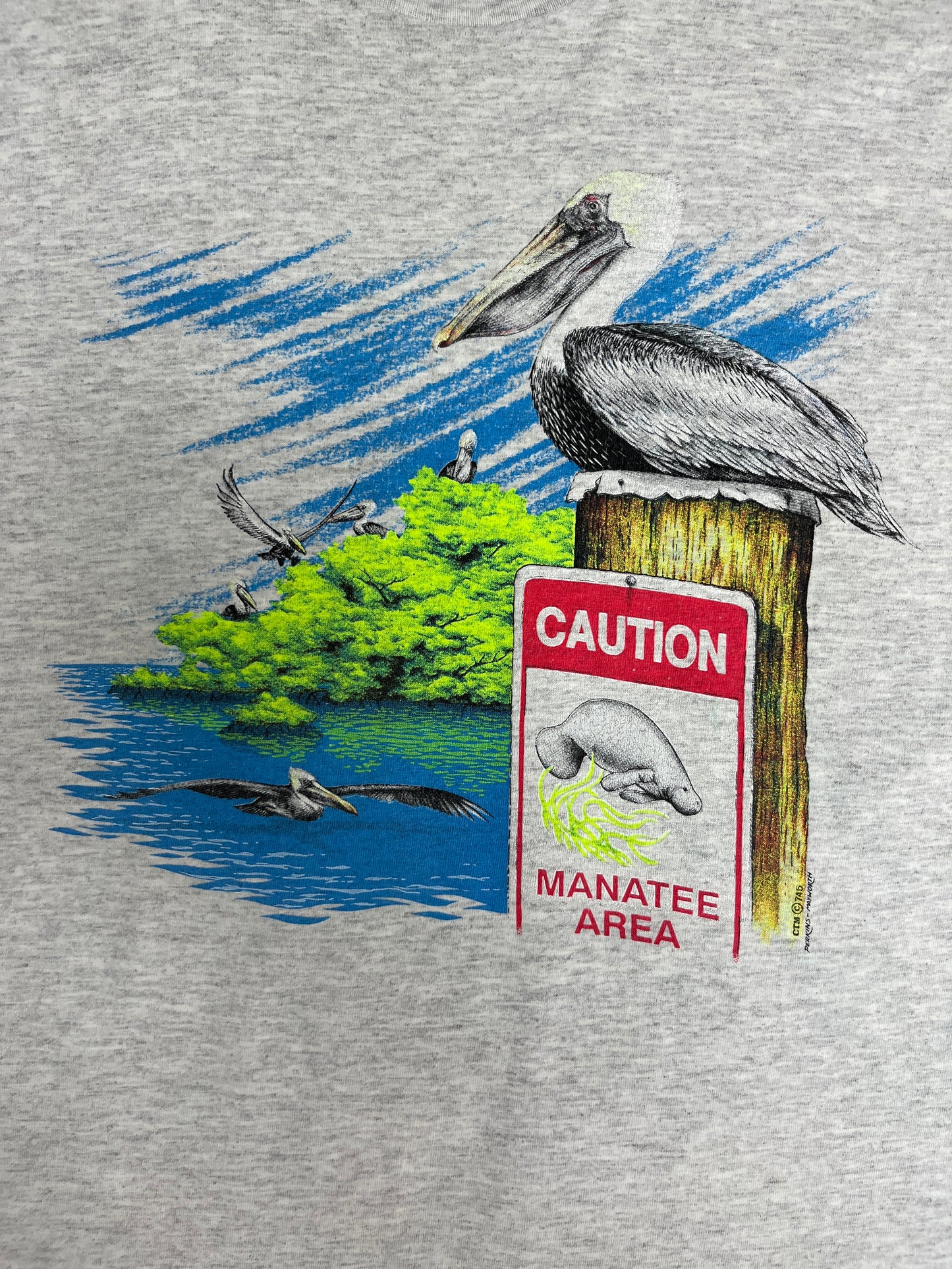 Caution Manatee Area Graphic Tee | Size X-Large | Vintage 1990s Animal Grey T-Shirt |