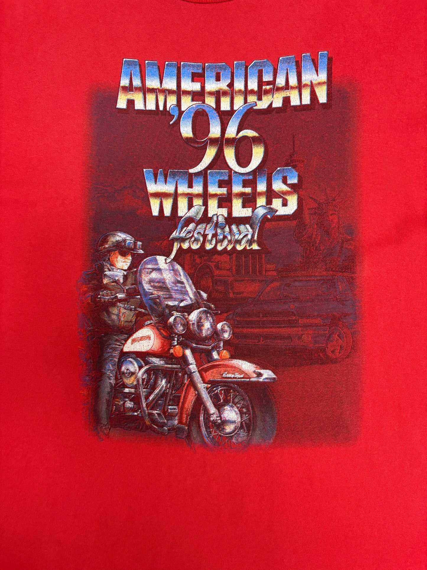 American Wheels Festival 1996 Graphic Tee | Size X-Large | Vintage 1990s Biker Red T-Shirt |