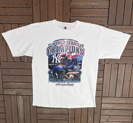 New York Yankees World Series Champions 1998 Graphic Tee | Size X-Large | Vintage 1990s Starter MLB Baseball White T-Shirt |