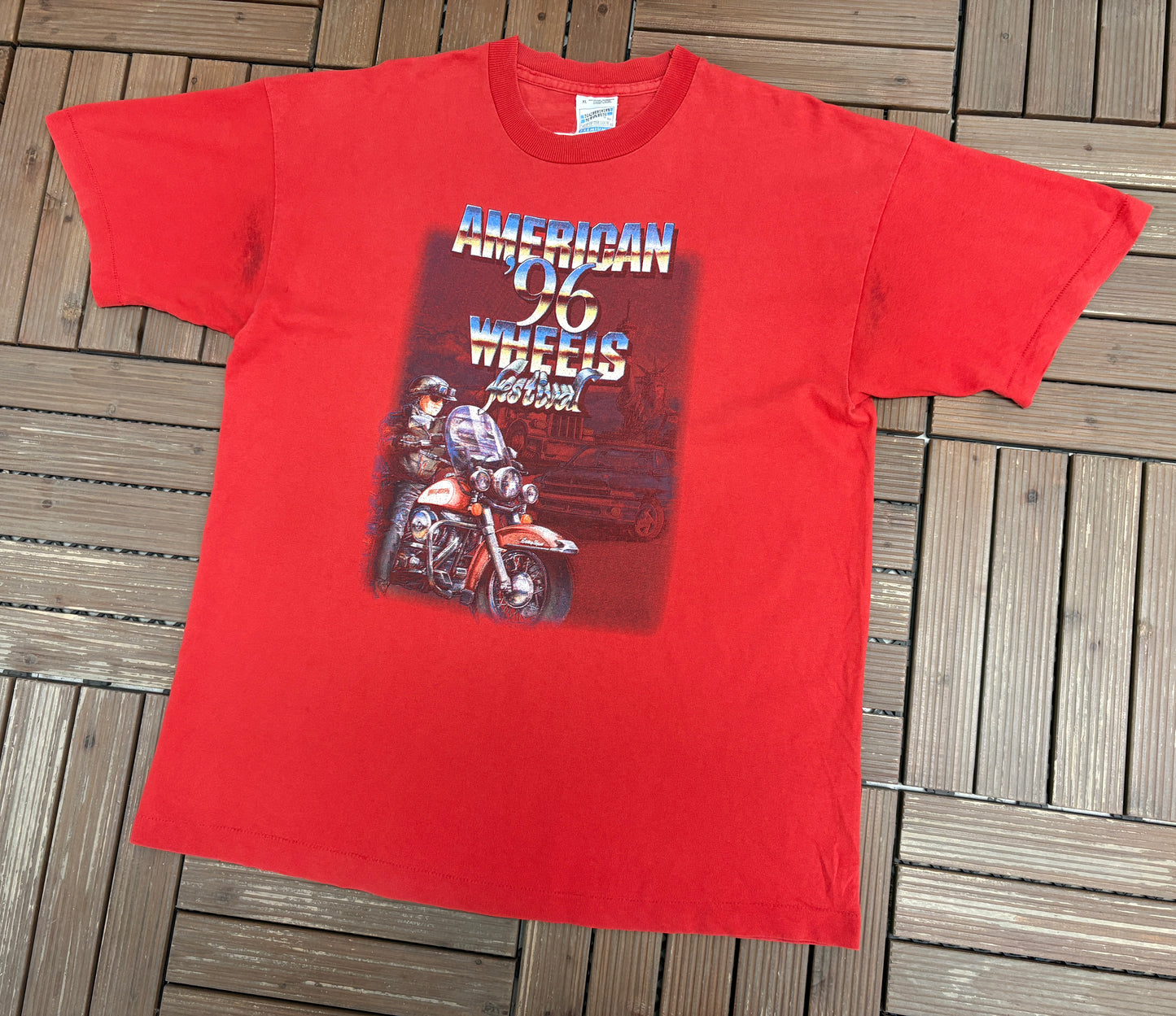 American Wheels Festival 1996 Graphic Tee | Size X-Large | Vintage 1990s Biker Red T-Shirt |
