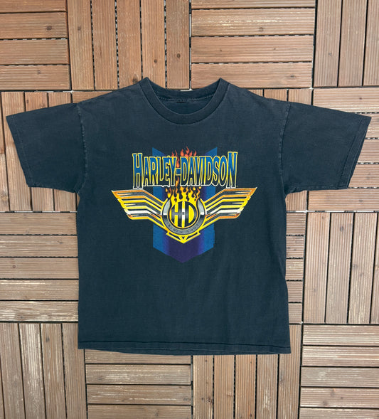 Harley Davidson Oconomowoc, Wisconsin Graphic Tee | Size Large | Vintage 1990s Biker Motorcycle Black T-Shirt |