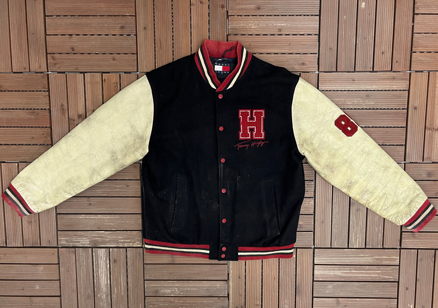 Tommy Hilfiger Stitched Graphic Jacket | Size Large | Vintage 1990s Varsity Black Jacket |