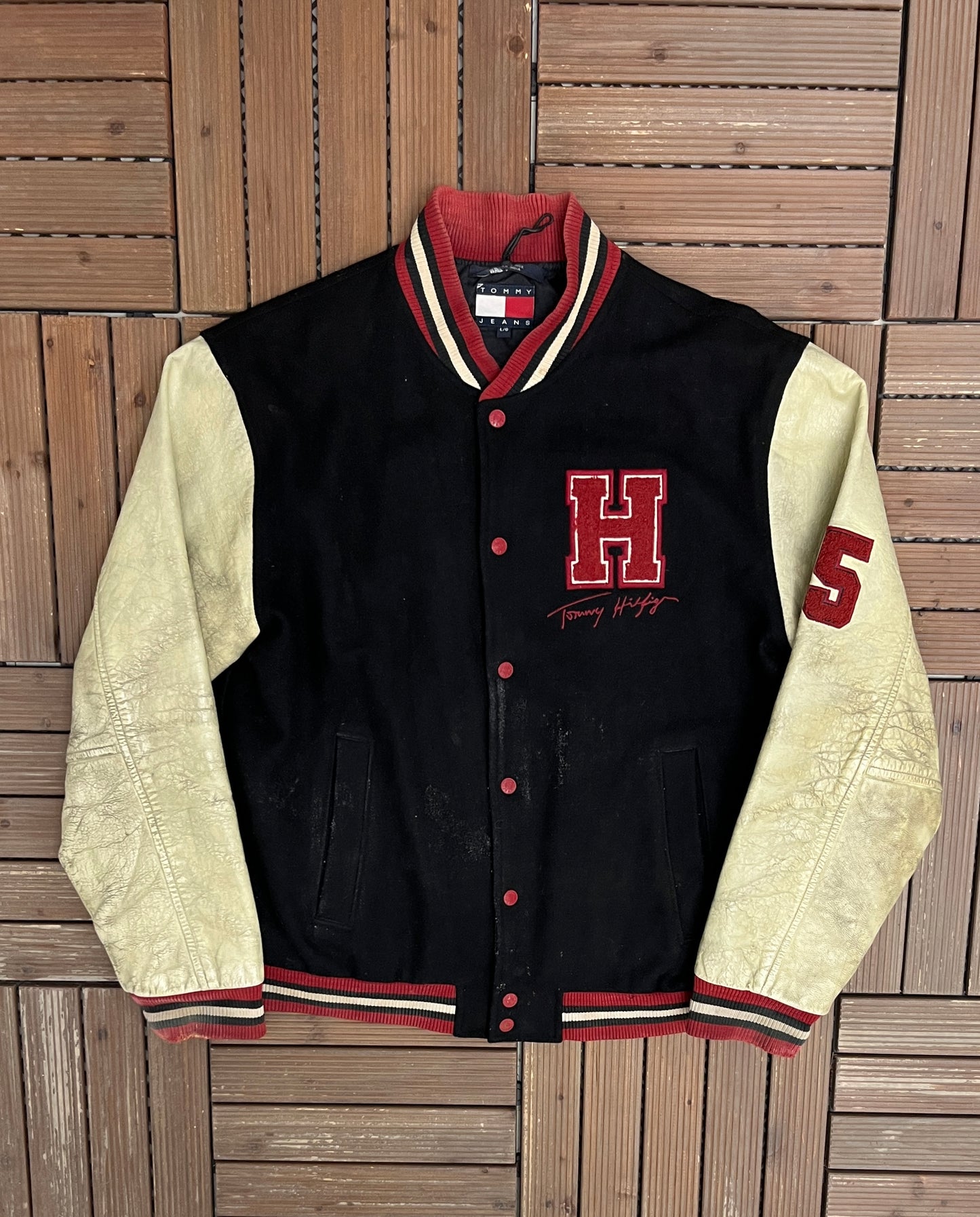 Tommy Hilfiger Stitched Graphic Jacket | Size Large | Vintage 1990s Varsity Black Jacket |