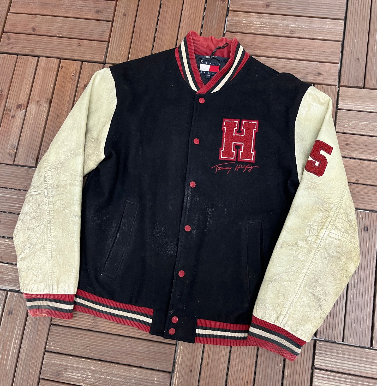 Tommy Hilfiger Stitched Graphic Jacket | Size Large | Vintage 1990s Varsity Black Jacket |