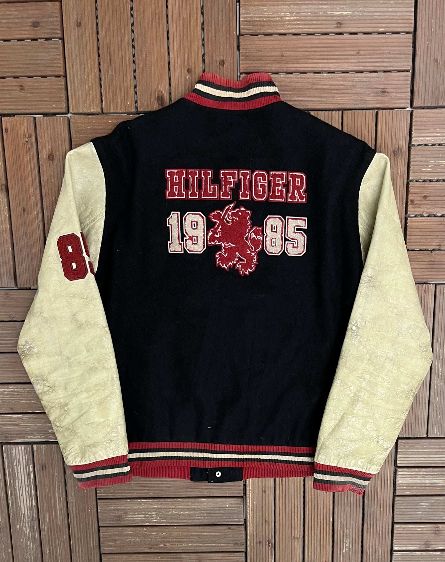 Tommy Hilfiger Stitched Graphic Jacket | Size Large | Vintage 1990s Varsity Black Jacket |