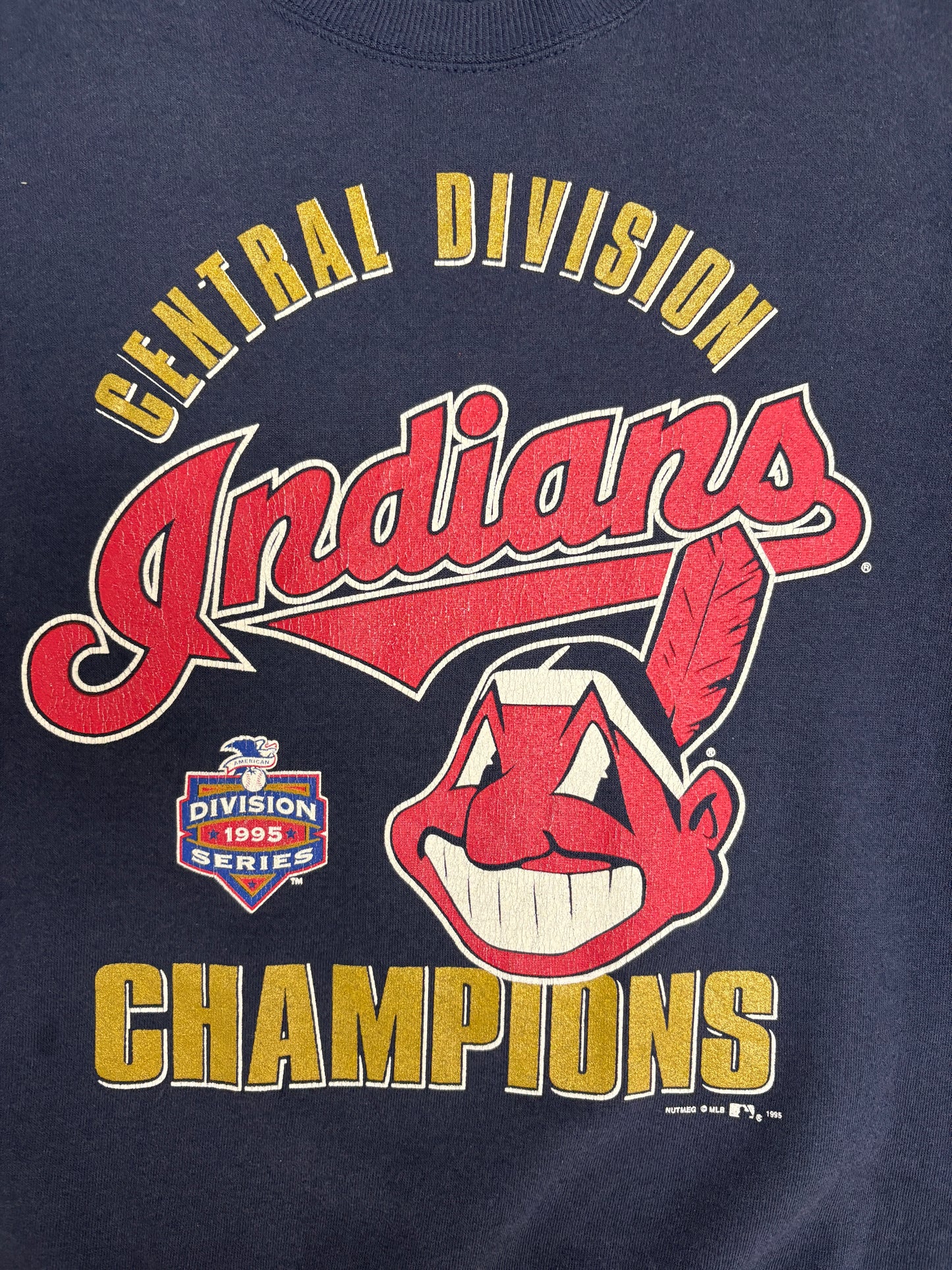Cleveland Indians 1995 Central Division Champions Graphic Crewneck | Size Large | Vintage 1990s MLB Baseball Blue Sweater |