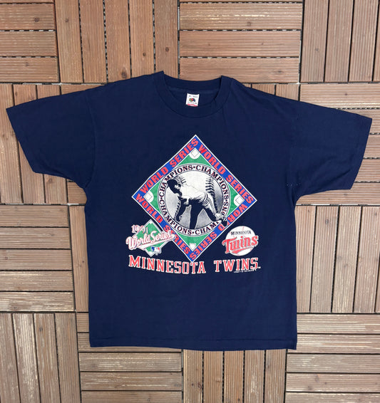 Minnesota Twins World Series Champions 1991 Graphic Tee | Size X-Large | Vintage 1990s MLB Baseball Blue T-Shirt |