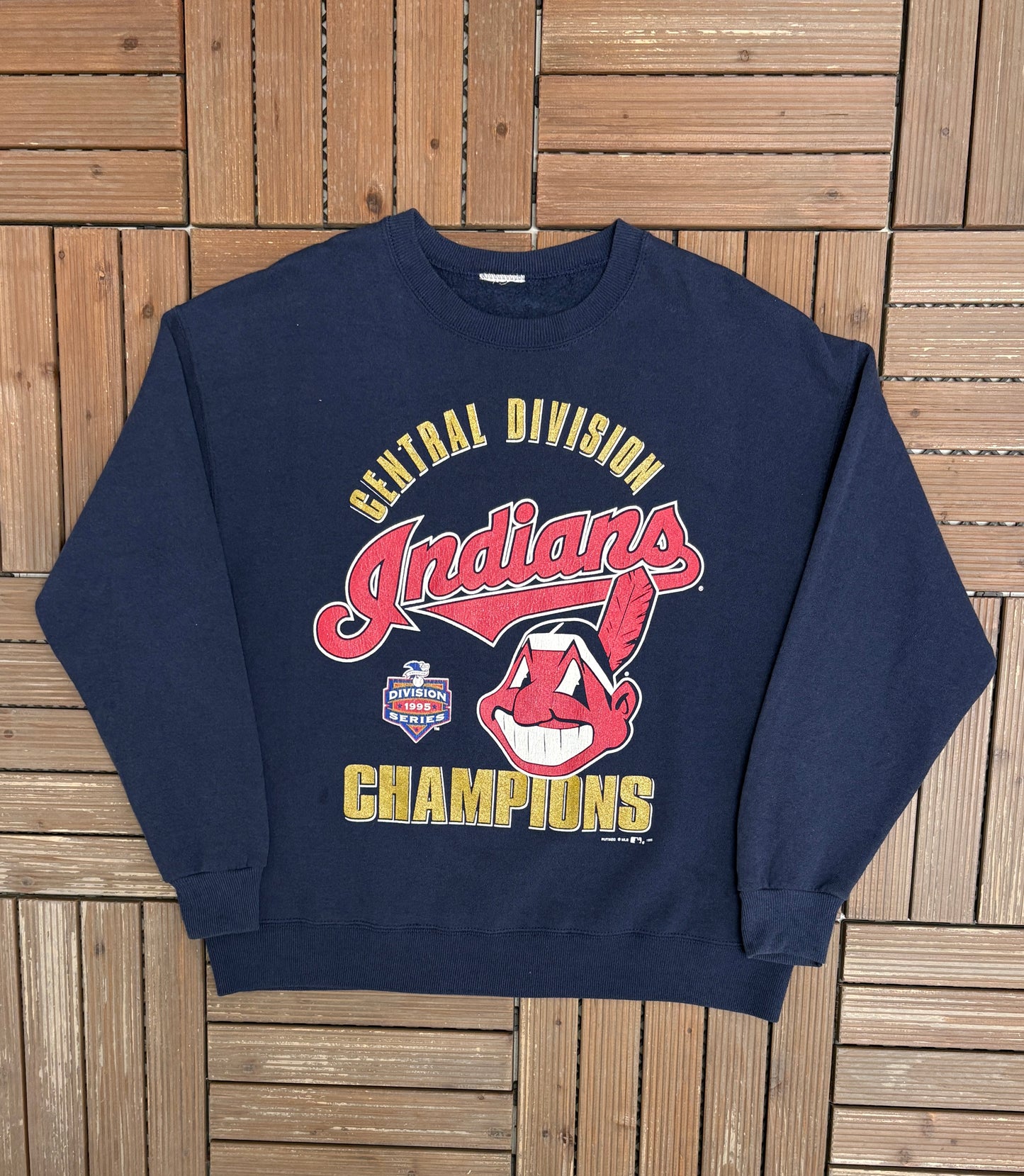 Cleveland Indians 1995 Central Division Champions Graphic Crewneck | Size Large | Vintage 1990s MLB Baseball Blue Sweater |