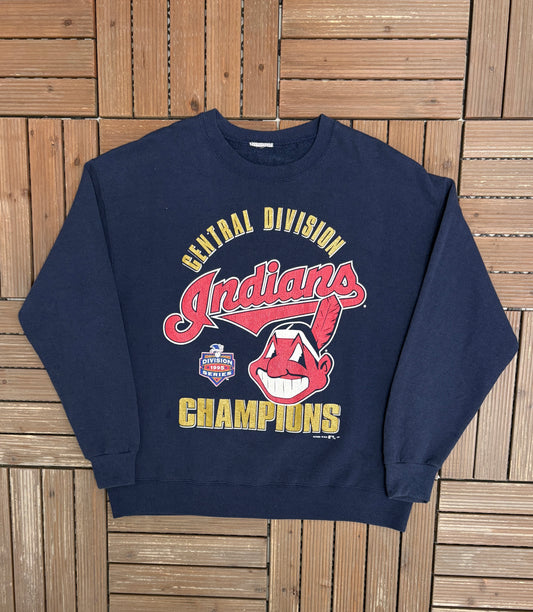 Cleveland Indians 1995 Central Division Champions Graphic Crewneck | Size Large | Vintage 1990s MLB Baseball Blue Sweater |