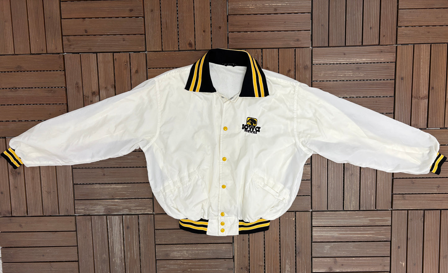 Iowa Hawkeyes Stitched Graphic Jacket | Size Large | Vintage 1980s College White Jacket |