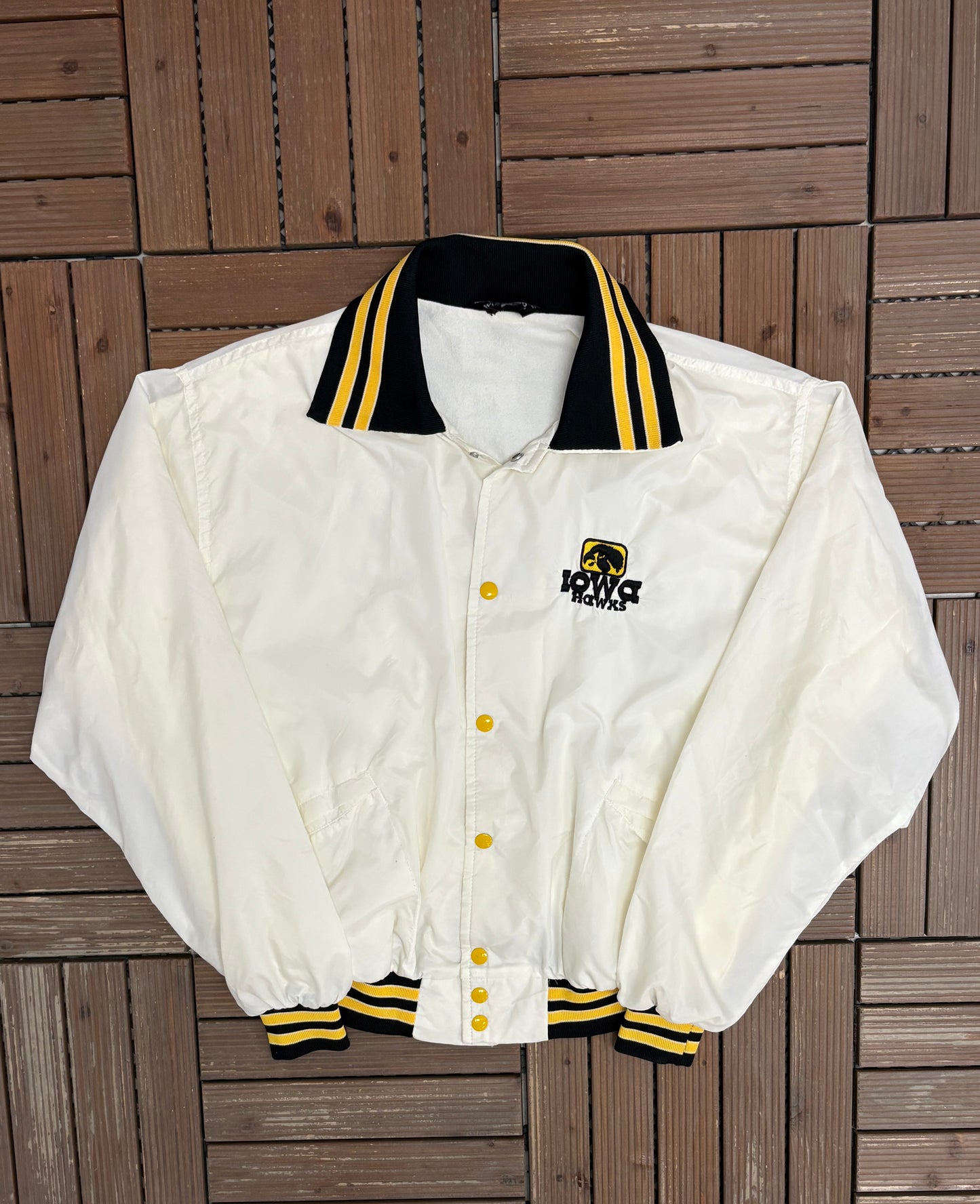 Iowa Hawkeyes Stitched Graphic Jacket | Size Large | Vintage 1980s College White Jacket |