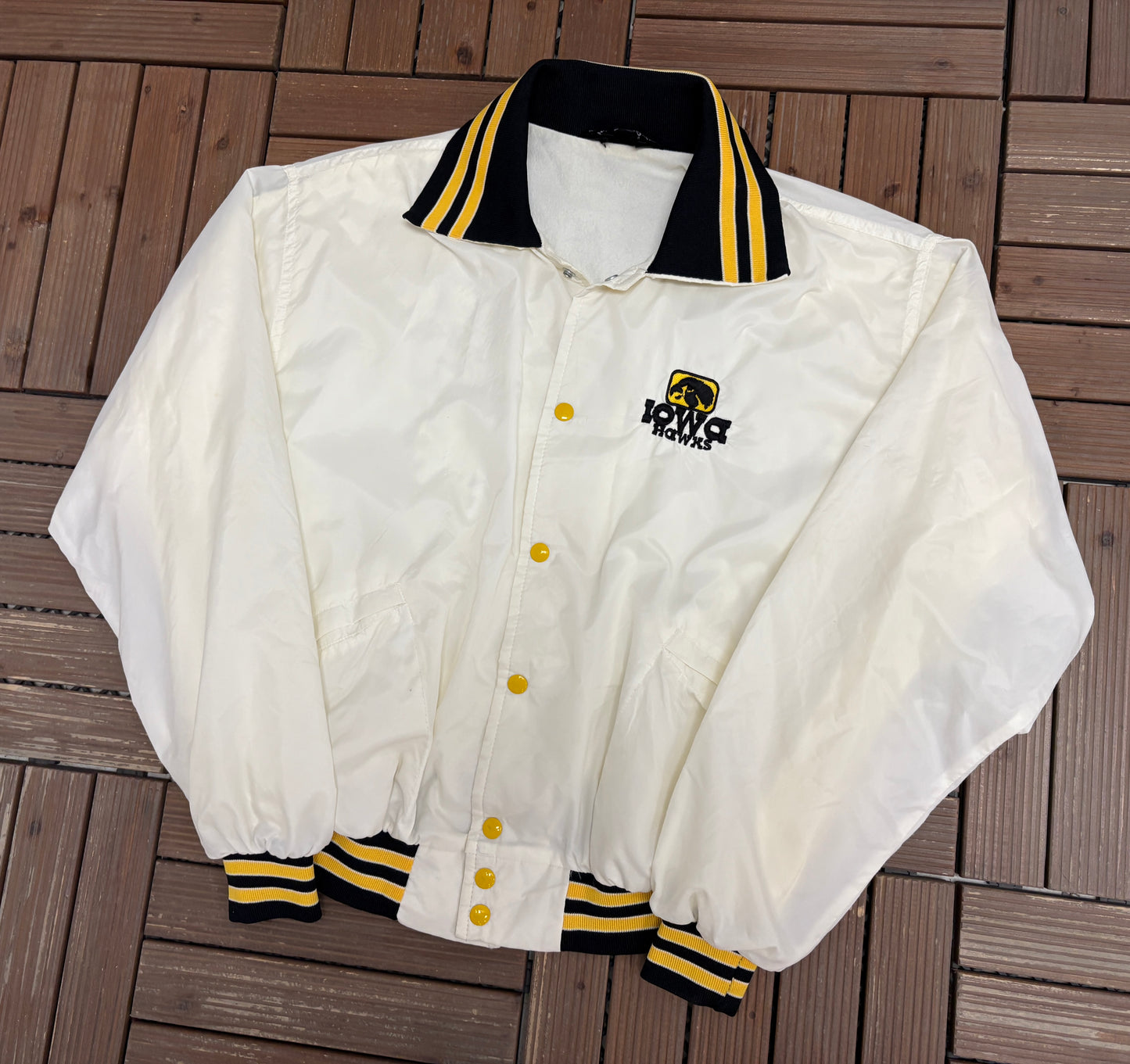 Iowa Hawkeyes Stitched Graphic Jacket | Size Large | Vintage 1980s College White Jacket |