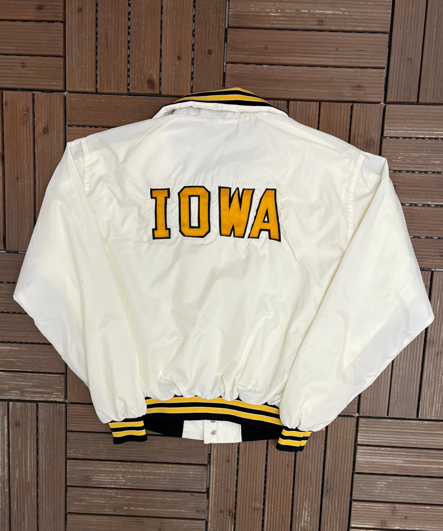 Iowa Hawkeyes Stitched Graphic Jacket | Size Large | Vintage 1980s College White Jacket |