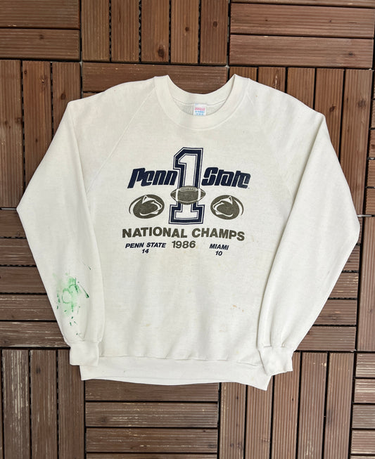 Penn State Nittany Lions National Champs Graphic Crewneck | Size Medium | Vintage 1980s College Sports White Sweater |