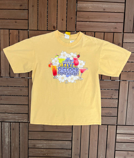 Big Dogs It's Five O'Clock Somewhere Graphic Tee | Size Medium | Vintage 2000s Cartoon Dog Yellow T-Shirt |