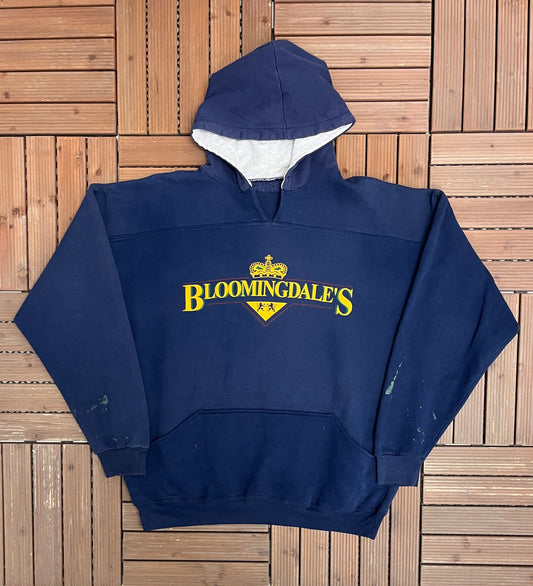 Bloomingdale's Graphic Hoodie | Size X-Large | Vintage 1990s Branded Blue Sweater |