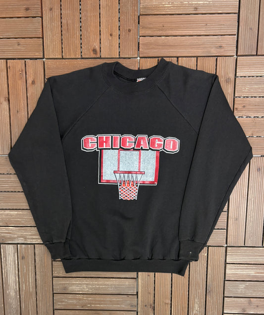 Chicago Basketball Graphic Crewneck | Size Large | Vintage 1980s Basketball Black Sweater |
