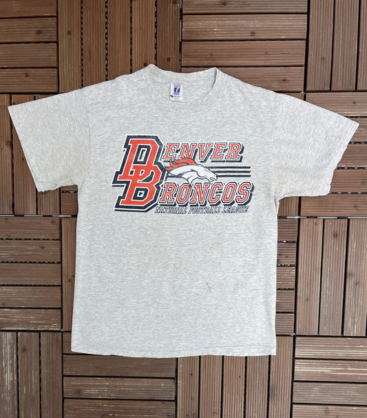 Denver Broncos Graphic Tee | Size Large | Vintage 1990s NFL Football Grey T-Shirt |