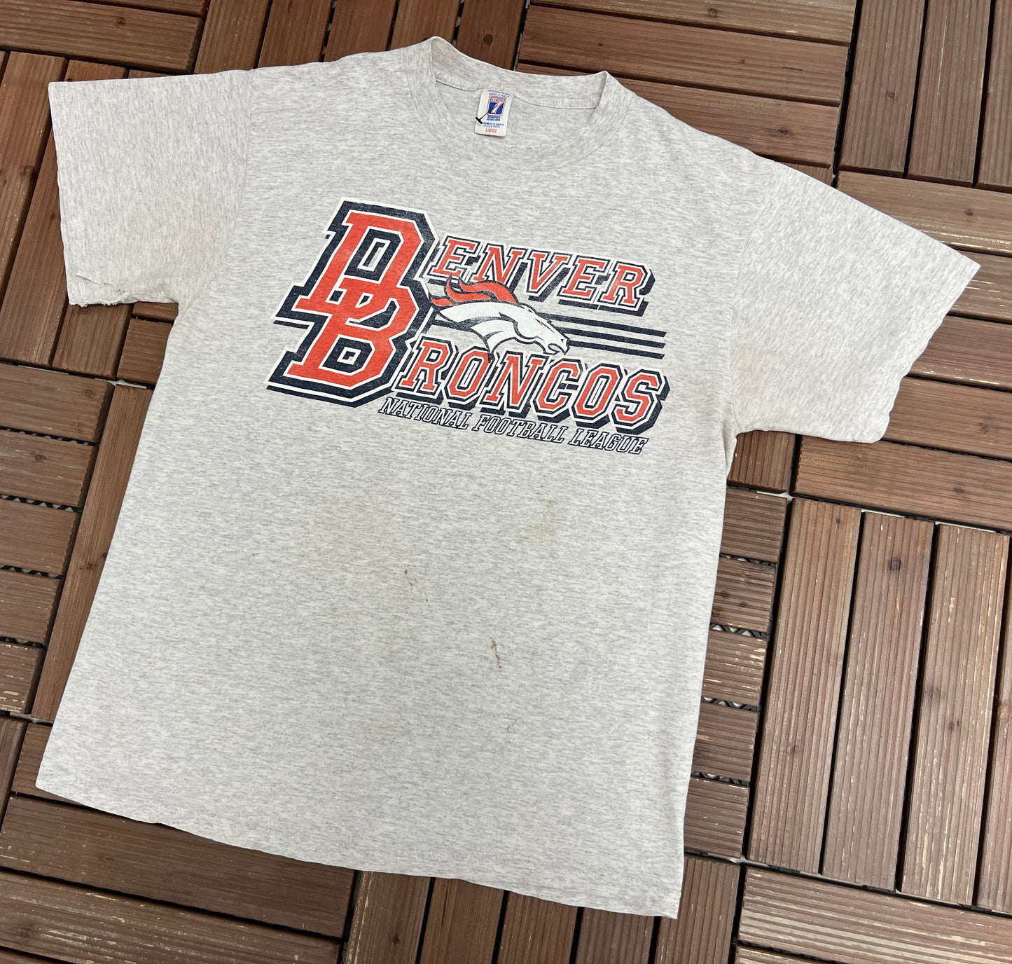 Denver Broncos Graphic Tee | Size Large | Vintage 1990s NFL Football Grey T-Shirt |