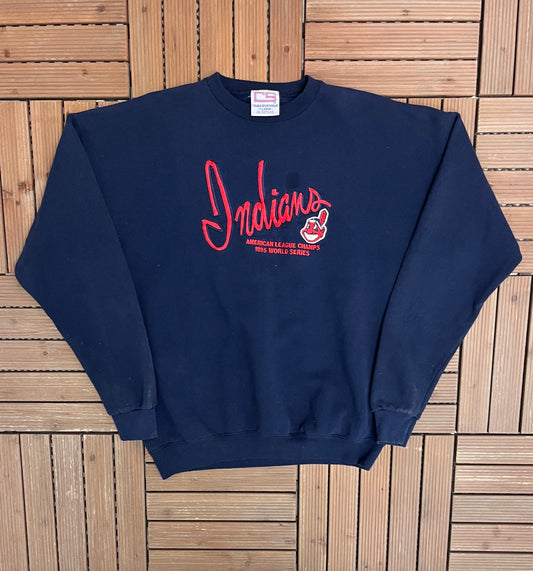 Cleveland Indians 1995 World Series Graphic Crewneck | Size X-Large | Vintage 1990s MLB Baseball Blue Sweater |