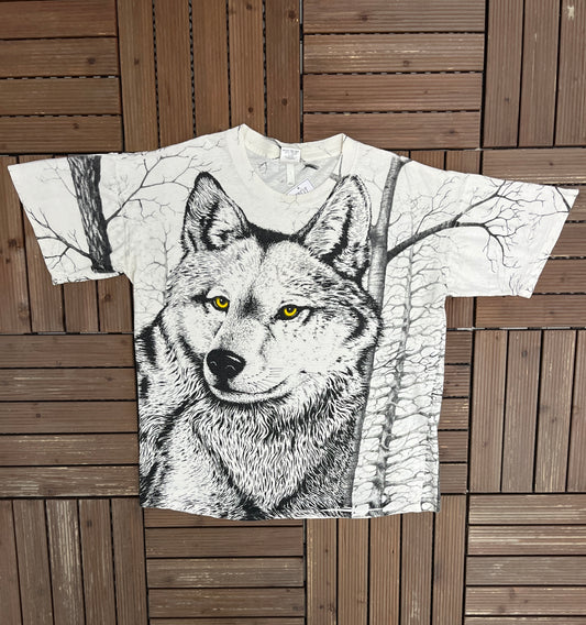 Wolf Scenic All Over Print Graphic Tee | Size X-Large | Vintage 1990s Single Stitch Wolf Animal White T-Shirt |