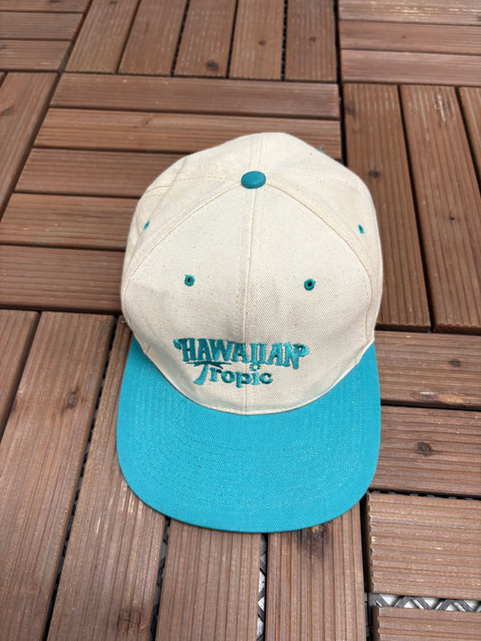 Hawaiian Tropic Embroidered Graphic Hat | Snap Back | Vintage 1990s Promotional White Cap |