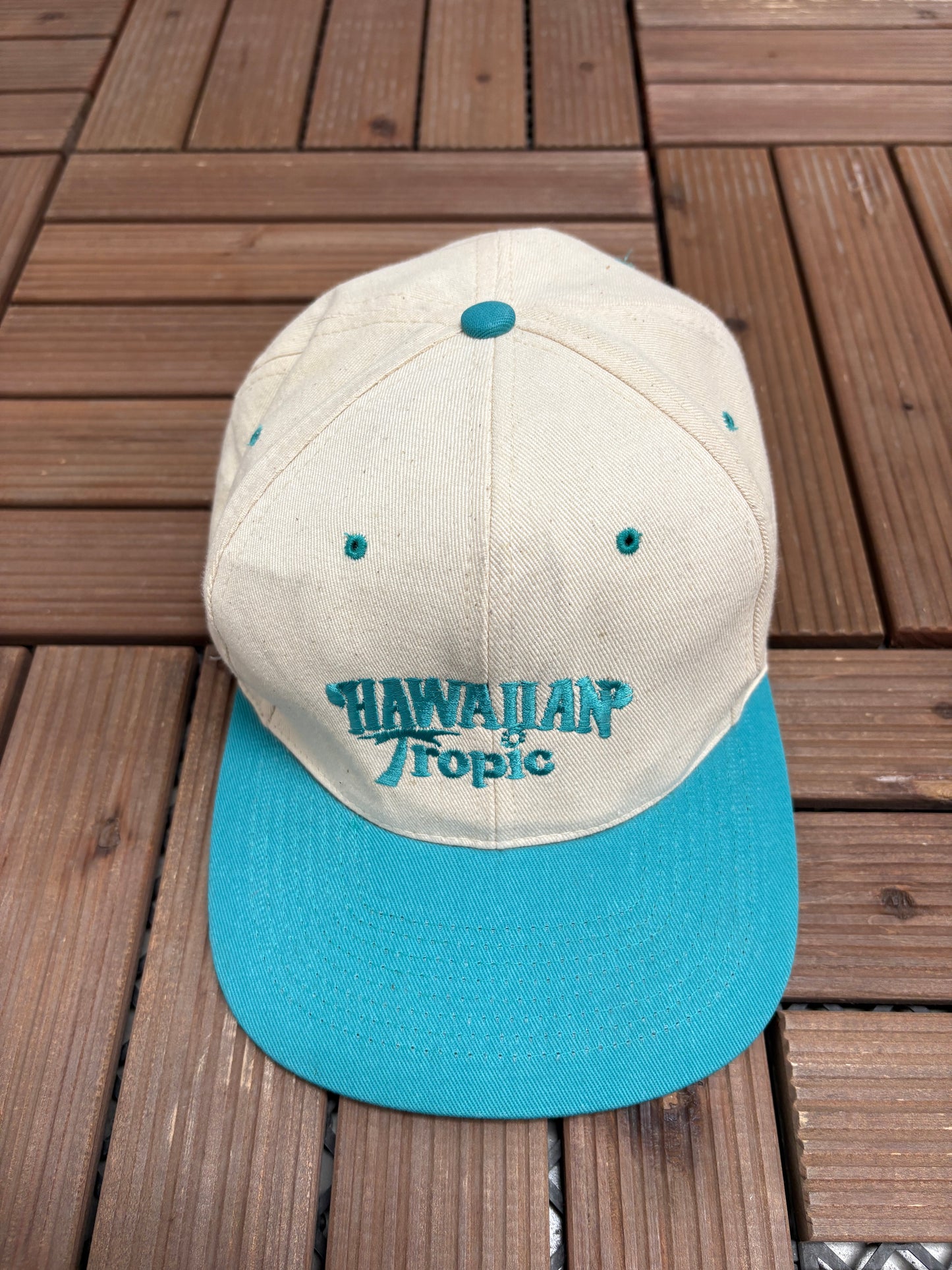 Hawaiian Tropic Embroidered Graphic Hat | Snap Back | Vintage 1990s Promotional White Cap |