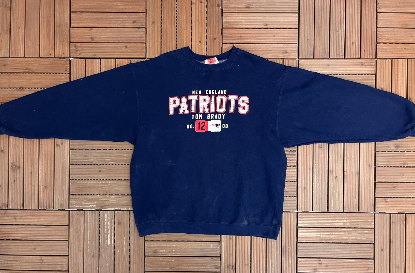 New England Patriots Tom Brady Graphic Crewneck | Size X-Large | Vintage 2000s NFL Football Blue Sweater |