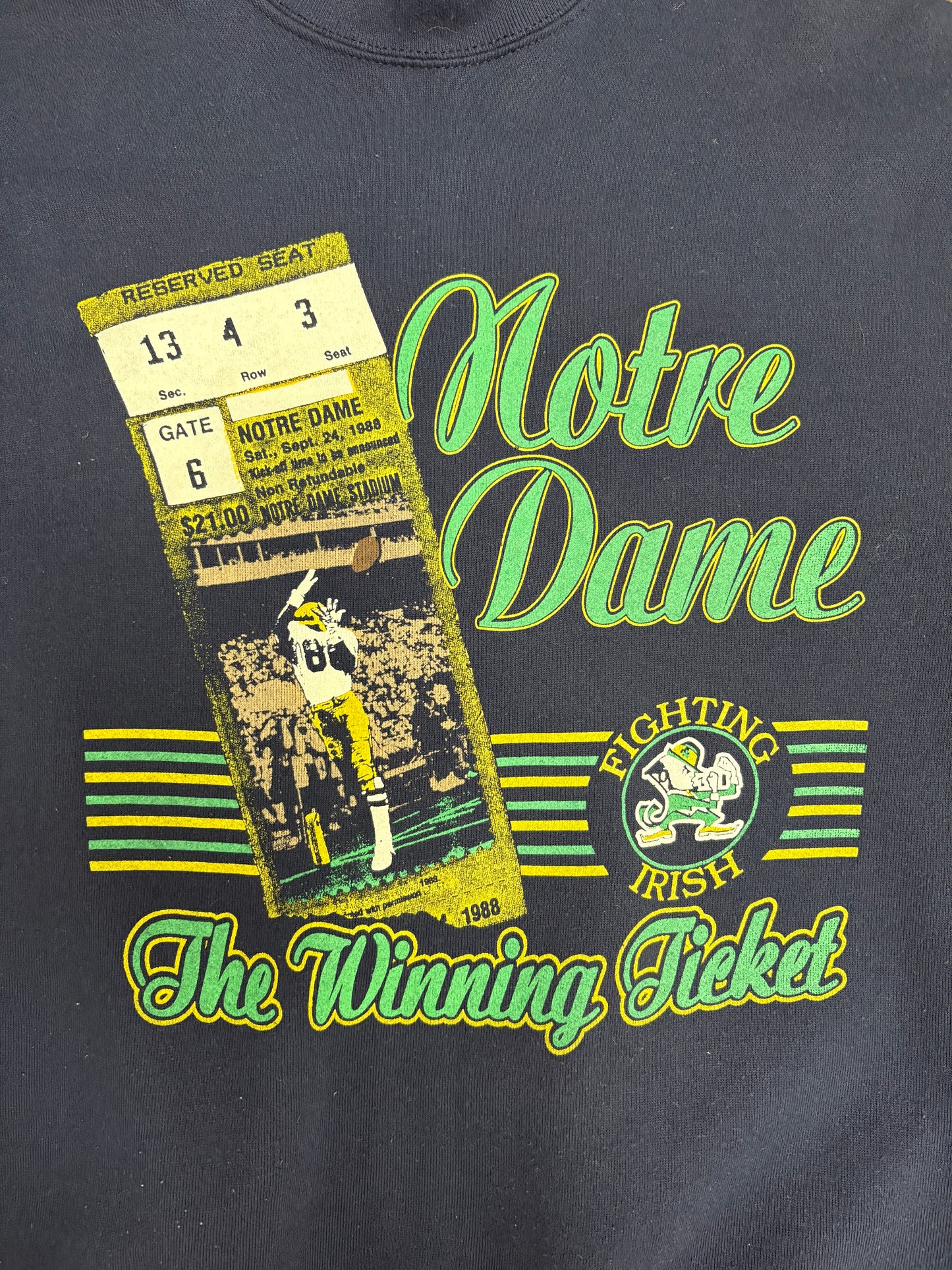 Notre Dame Fighting Irish The Winning Ticket Graphic Crewneck | Size Large | Vintage 1980s College Blue Sweater |