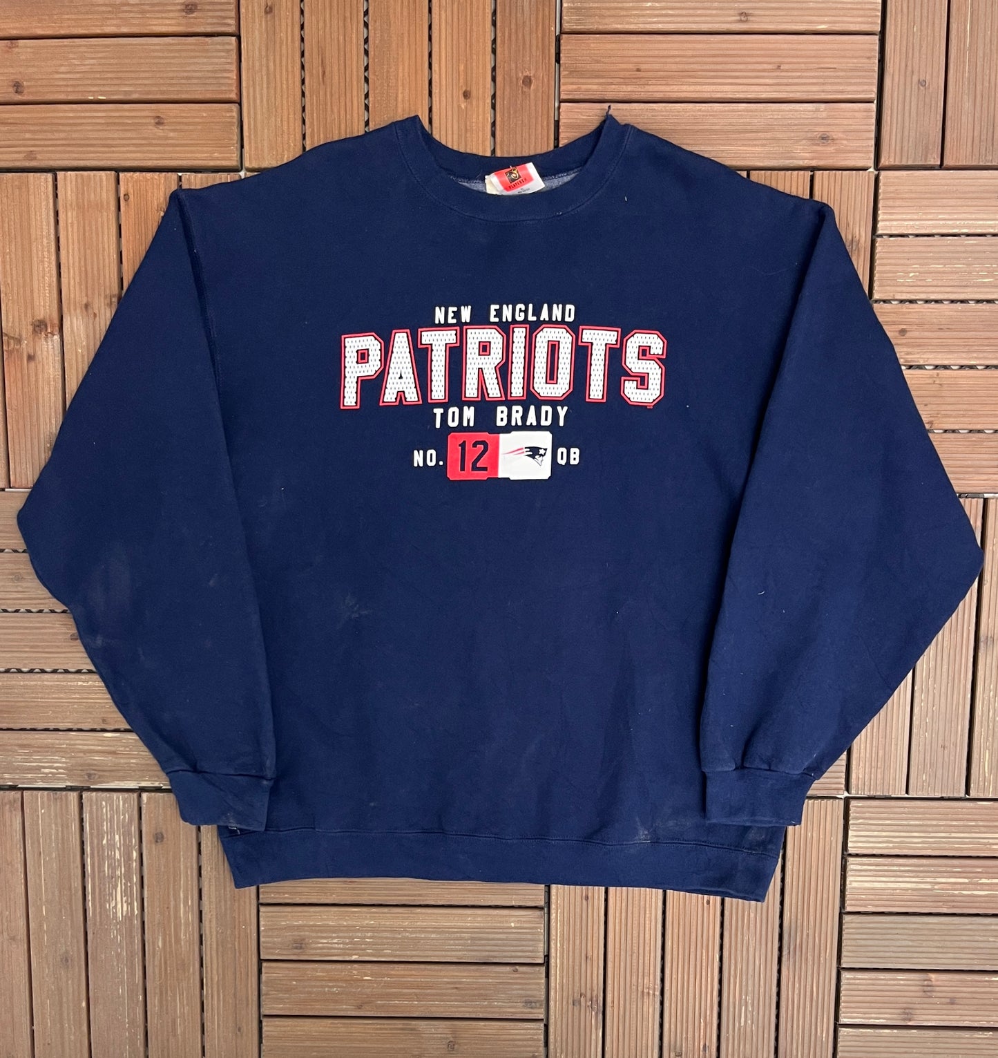 New England Patriots Tom Brady Graphic Crewneck | Size X-Large | Vintage 2000s NFL Football Blue Sweater |