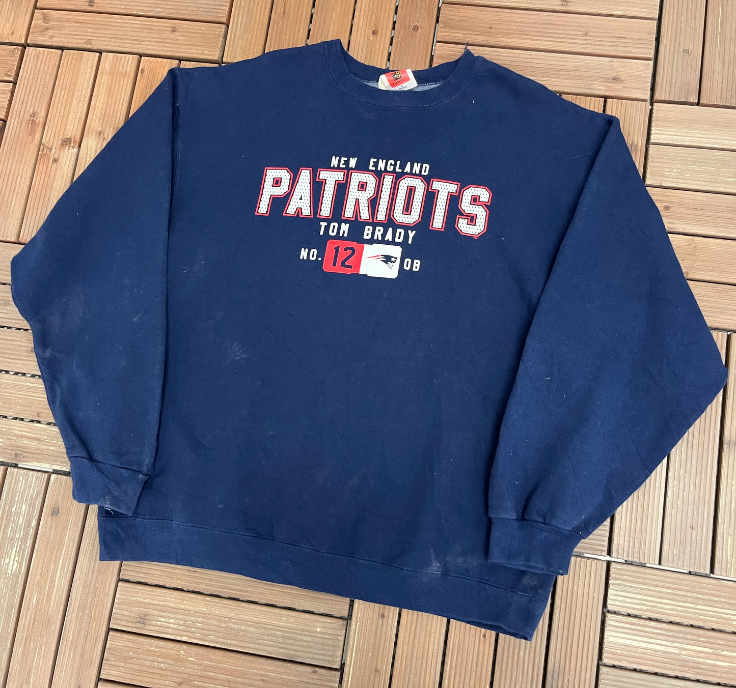 New England Patriots Tom Brady Graphic Crewneck | Size X-Large | Vintage 2000s NFL Football Blue Sweater |