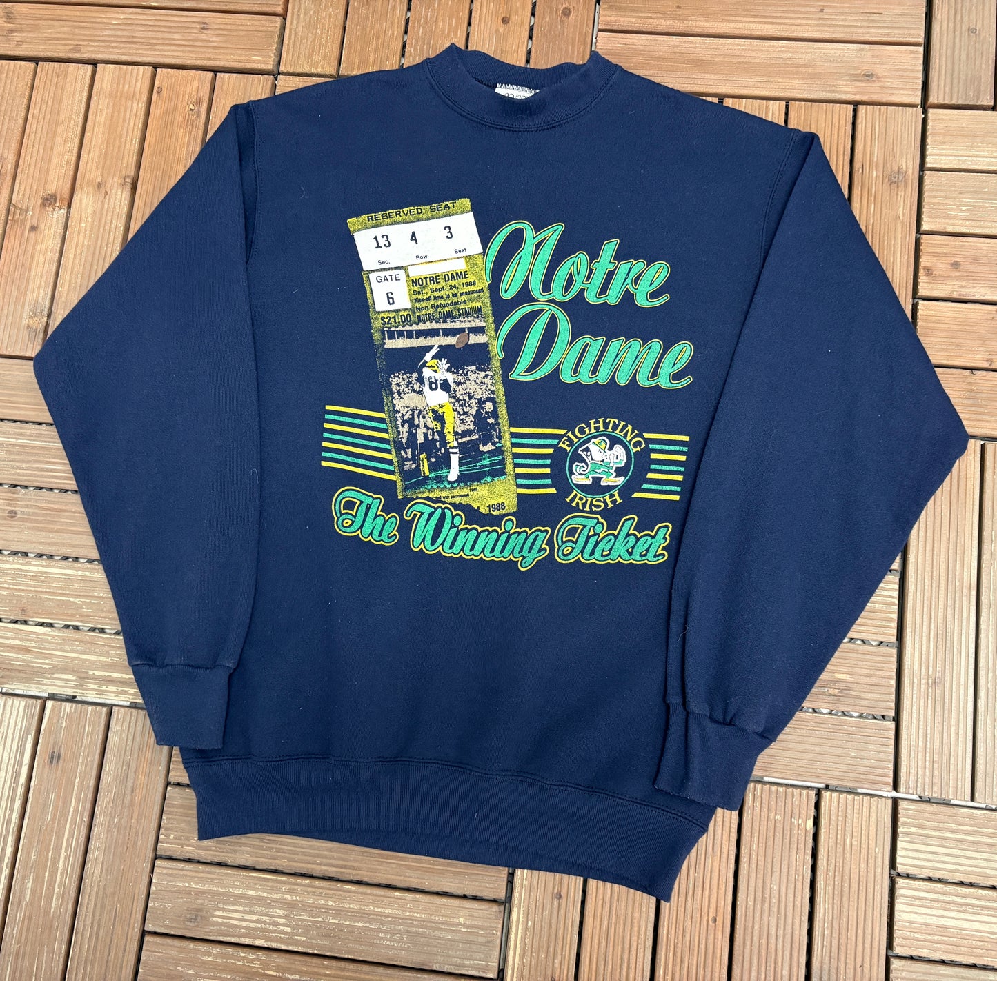 Notre Dame Fighting Irish The Winning Ticket Graphic Crewneck | Size Large | Vintage 1980s College Blue Sweater |