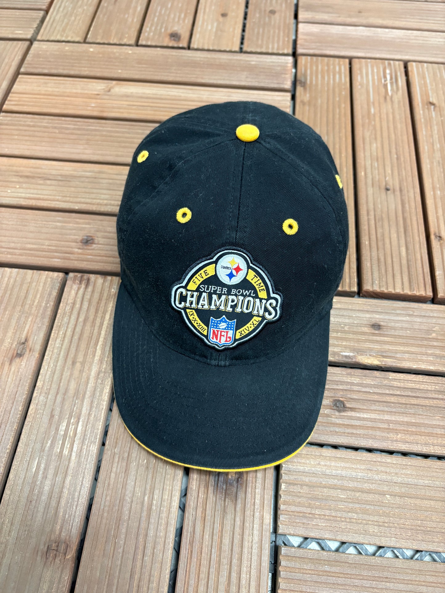 Pittsburgh Steelers Five Time Super Bowl Champions Hat | Strap Back | Vintage 2000s NFL Football Black Cap |