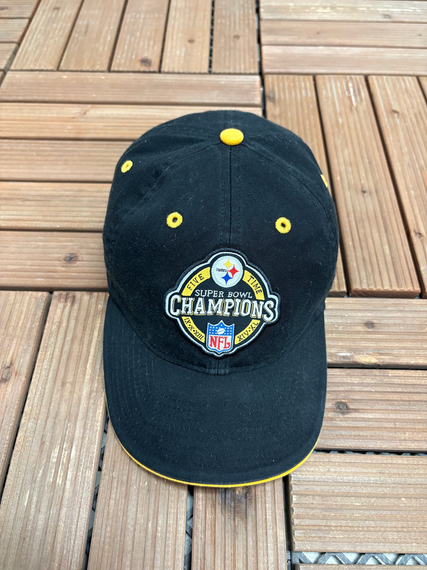 Pittsburgh Steelers Five Time Super Bowl Champions Hat | Strap Back | Vintage 2000s NFL Football Black Cap |